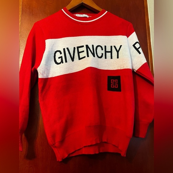 Vintage Givenchy Paris Red and White Logo Crewneck Sweater Sz Small Distressed. - Picture 3 of 7